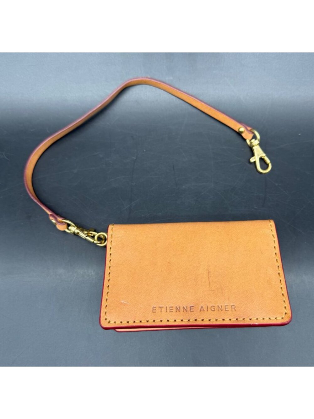 Etienne Aigner Tan Leather Card Case Wallet Wristlet Gold Hardware - Picture 2 of 13